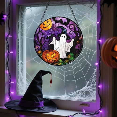 Stained Glass Window Hanging Halloween White Ghost Black Bat 7.8"