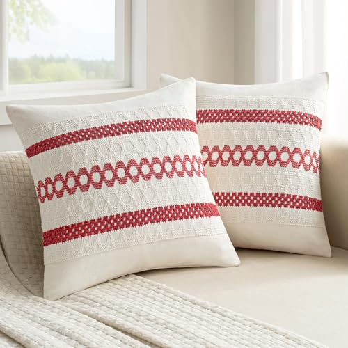 Set of 2 Christmas Red Boho Decorative Pillow Covers 18x18 Inch (2 Count)