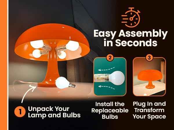 Orange Mushroom Lamp with 4 Replacable Bulbs– Retro Mid-Century Modern Mushroom Light for Bedroom, Nightstand or Desk