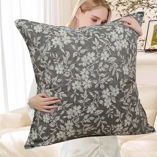 Gray Floral Euro Pillow Covers 26x26 Pack of 2 Vintage Farmhouse Jacquard Decorative Throw Pillow Covers for Living Room Couch Bed Home Decor (2 Count)