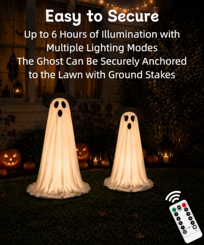 2 Pack Lighted Halloween Ghost Decorations with Remote & Timer (White)