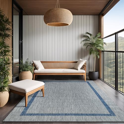 Bordered Outdoor Rug 5x7 Washable Outside Carpet for Indoor Patio Porch Waterproof Easy Cleaning Non Shedding Area Rugs Silver Gray