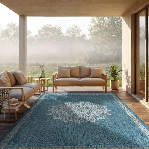 Outdoor Rug 10x14 Medallion Aqua Modern Large Area Rugs for Indoor and Outdoor Patios Kitchen and Hallway Mats Washable Porch Deck Outside Carpet (140 Sq Ft)