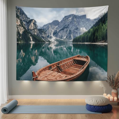 Nature Mountain Lake Boat Tapestry 80x60 Inch