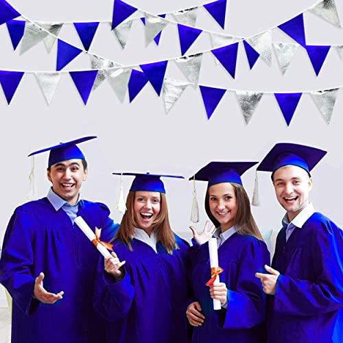 Royal Blue Silver Party Decorations Navy Blue Triangle Pennant Banner Flag Metallic Fabric Bunting Garland for Birthday Graduation Wedding Retirement Nautical Ahoy Achor Pirate Theme Party Supplies (36 Count)