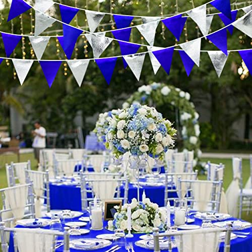 Royal Blue Silver Party Decorations Navy Blue Triangle Pennant Banner Flag Metallic Fabric Bunting Garland for Birthday Graduation Wedding Retirement Nautical Ahoy Achor Pirate Theme Party Supplies (36 Count)