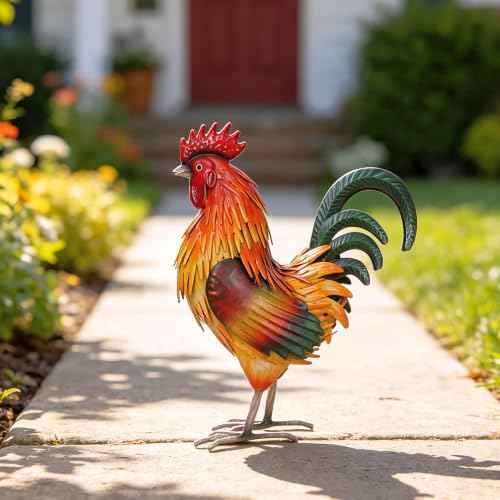 Rooster Garden Statue Sculpture Metal Chicken Yard Decor Outdoor Figurines Patio Backyard Decoration
