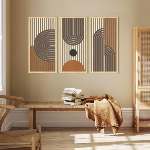 Mid Century Modern Decor 16x32 Inch Large Boho Wood Wall Art Abstract Wooden Wall Decor Minimalist Bohemian Orange Artwork for Living Room Bedroom Office Set of 3 (3 Count)