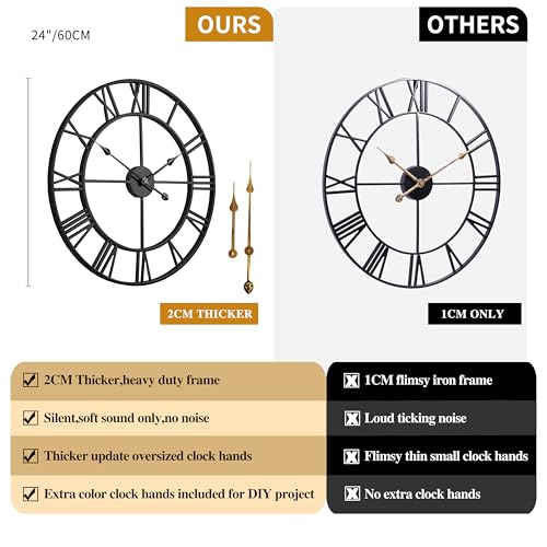 Silent 24 Inch Wall Clock for Living Room Decor