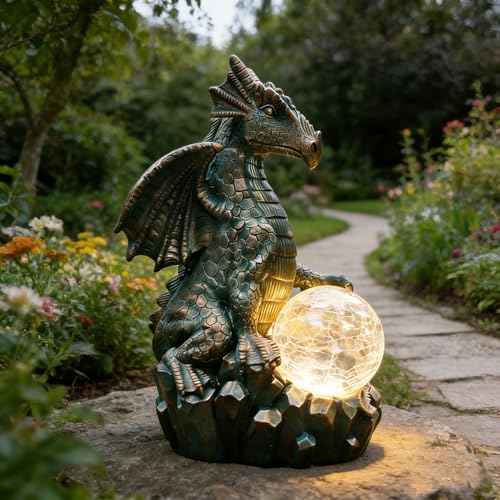JOYBEE Dragon Solar Garden Statues Outdoor Decoration with Magic Orb