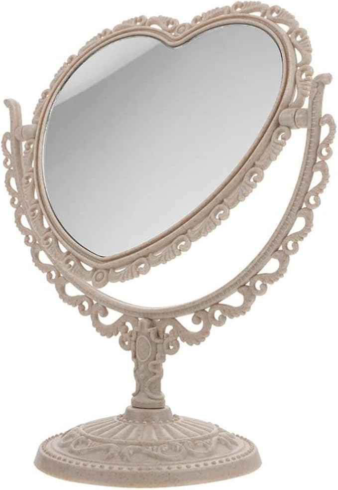 AKOAK Heart-Shaped Cosmetic Mirror - Plastic, Double-Sided, Rotatable, Lightweight - Bathroom & Bedroom Mirror (Beige)