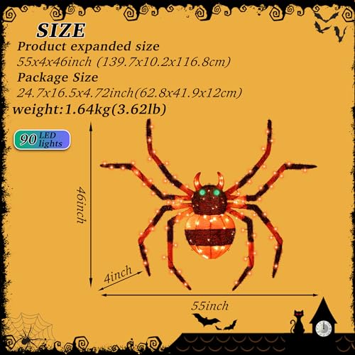 1 Piece】 4.6Ft Giant Spider Halloween Decorations Outdoor 55" Light Up Spider with 90 LED Lights for Front Yard (ZZ-006)