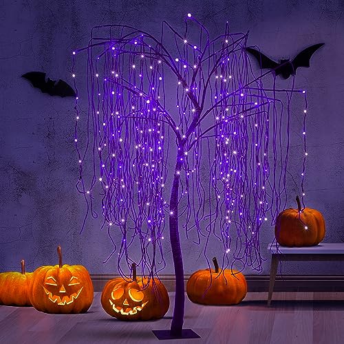 7 FT Halloween Lighted Willow Tree 256 LED Purple Lights Artificial Weeping Willow Tree with 6 Spiders Outdoor Indoor Decoration Christmas Festival Decor (Purple)