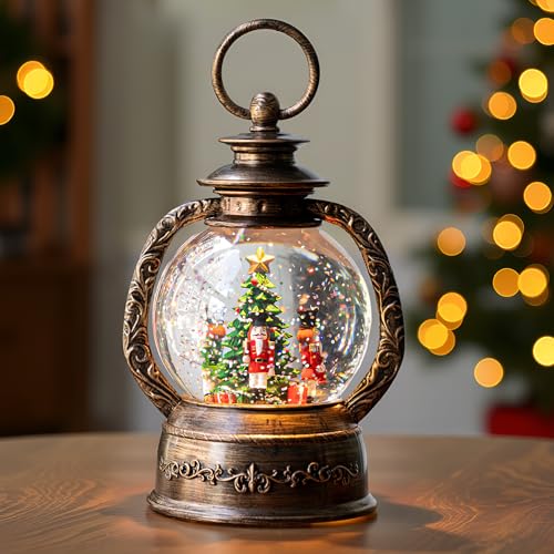 Christmas Snow Globe Lantern Water Glittering Nutcrackers with Music & Timer