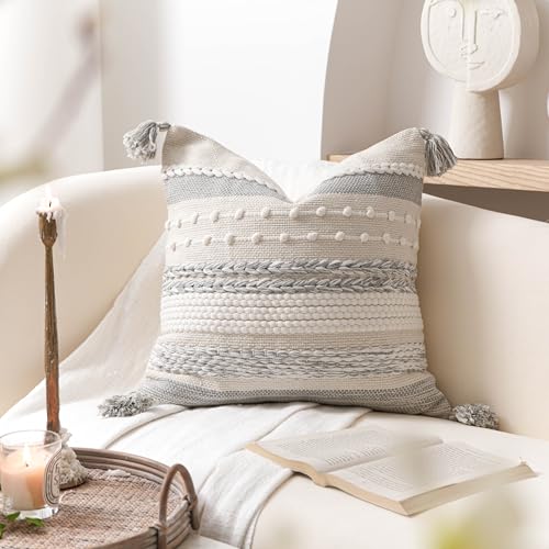 Gray Boho Decorative Throw Pillow Cover 18x18 Square Farmhouse Accent Cushion for Couch Sofa Livingroom Bedroom Pillowcase Modern Home Décor