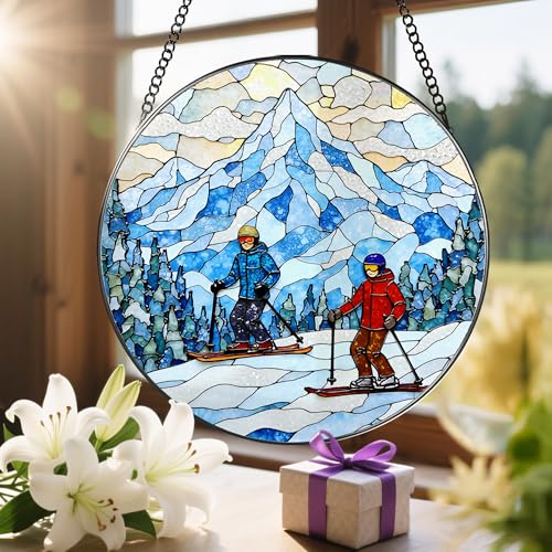 8'' Snowy Mountain Skiers Sun Catcher Ornament
