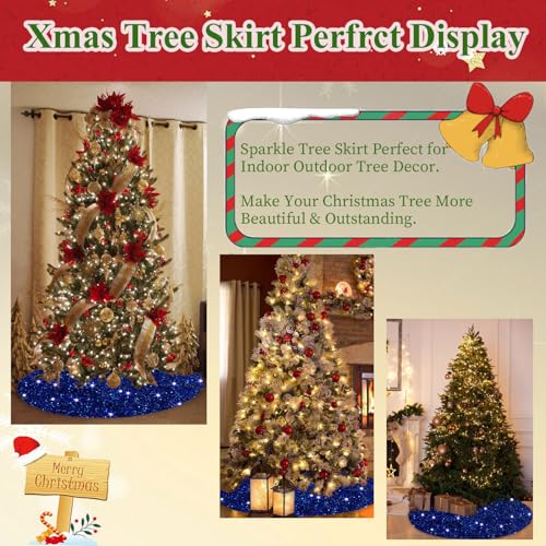 Blue Christmas Tree Skirt Decorations 36 Inches Sequin Christmas Tree Skirt Sparkly Tree Mat Embroidery Velvet Tree Skirts Xmas Ornaments Halloween Tree Cover Skirt Round Sequin Tree Base Mat