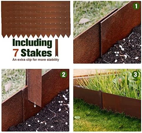 Worth Garden 6-Pack Pre-Rusted Cor-Ten Steel Landscape Edging - 40" L x 6" H Each (20ft Total) - No-Dig Hammer-in Heavy Duty 14-Gauge Metal Edging Border w/ 7 Clips & Gloves - Edge for Lawn Yard