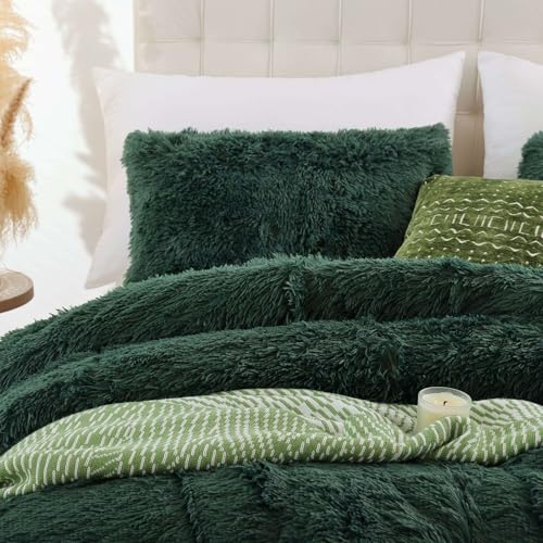 Fluffy King Size Comforter Set Dark Green Faux Fur Comforter 3 Pcs
