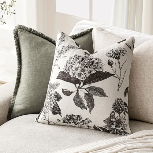 Set of 2 Linen Floral Vintage Throw Pillow Covers Neutral Accent Print Decorative Cushion Covers Farmhouse Boho Home Decor for Sofa Chair Couch Bedroom Living Room (2 Count)