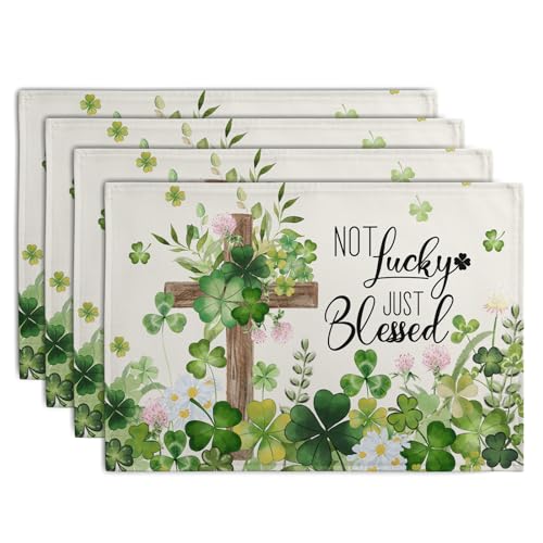 St Patricks Placemats Set of 4 St. Patrick's Day Cross Shamrocks Clover Linen Table Mats 12x18 Inch Spring Heat Resistant Washable Place Mat for Kitchen Dining Home Party Decor (4 Count)