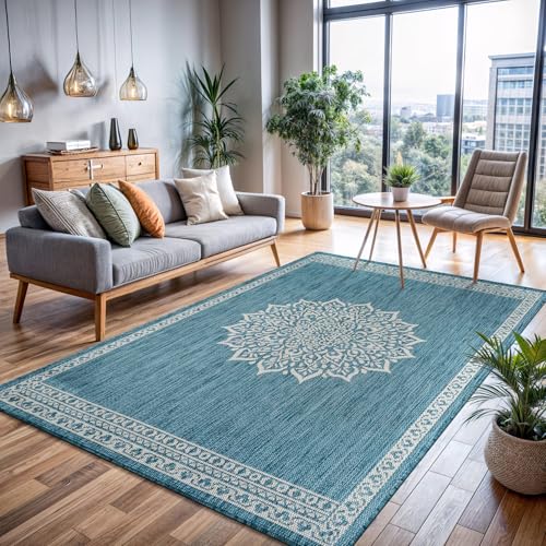 Outdoor Rug 6x9 Medallion Aqua Modern Area Rugs for Indoor and Outdoor Patios Kitchen and Hallway Mats Washable Porch Deck Outside Carpet (60 Sq Ft)