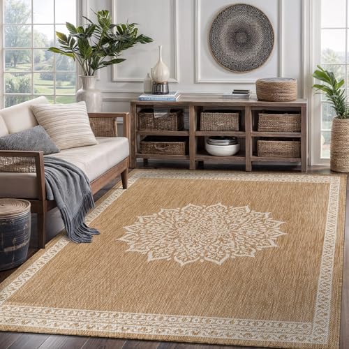 Outdoor Rug 5x7 Medallion Natural Modern Area Rugs for Indoor and Outdoor Patios Kitchen and Hallway Mats Washable Porch Deck Outside Carpet (35 Sq Ft)