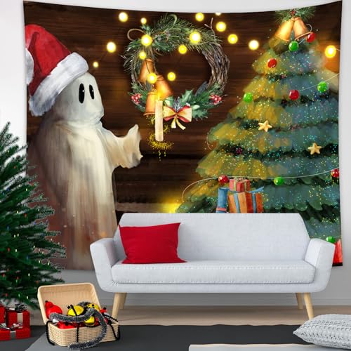 Christmas Tapestry Wall Hanging Christmas Tree Backdrop Cute Ghost Wall Decor Xmas Holiday Tapestries for Kids Bedroom Living Room Dorm Party Decoration