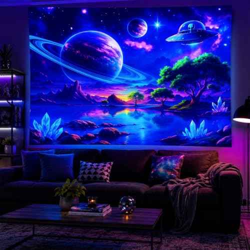 Blacklight Tapestry Alien UFO Party Wall Decor 78 x 59 Inch
