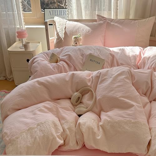 Pink Gingham Comforter Set King Fluffy Soft Microfiber Pink Grid Bedding Comforter Romantic Lace Style Farmhouse Gingham Bedding Set Vintage Plaid Checkered Comforter Set for All Seasons