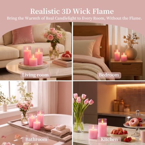 Pink Glass Flameless LED Candles Battery Operated with Remote Timer