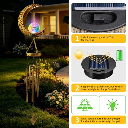 Solar Moon Wind Chimes for Outside Color Changing Unique Birthday Mom Gifts for Women Mom Grandma Crackle Glass Ball LED Wind Chimes Solar Lights Outdoor Garden Decor Light for Patio Yard Backyard