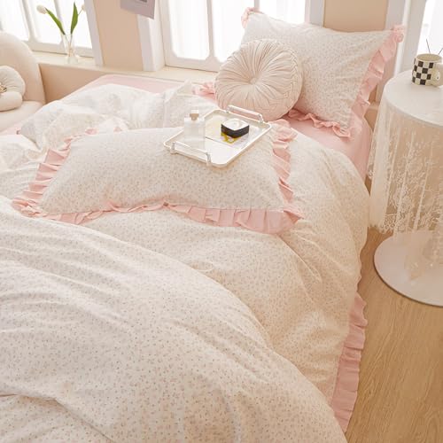 Pink Flower Comforter Set Full Vintage Coquette Bedding Comforter Cottagecore Floral Comforter Set with Elegant Ruffles Soft Fluffy Lightweight Botanical Bedding Set for Girls Women