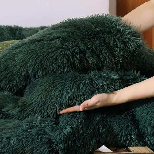 Fluffy King Size Comforter Set Dark Green Faux Fur Comforter 3 Pcs