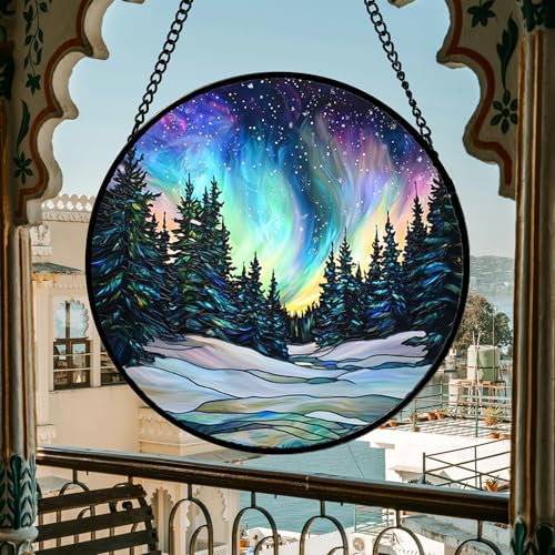 Aurora Landscape Stained Glass Window Hanging Suncatcher Xmas Gifts 15"