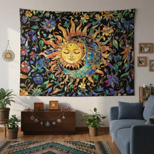 Sun and Moon Tapestry for Bedroom Boho Hippie Floral Wall Tapestry Aesthetic Vintage Stained Glass Plant Small Tapestries Wall Hanging for Living Room Dorm 60 x 44 Inch