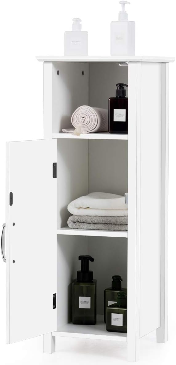 COSTWAY Bathroom Storage Cabinet, Freestanding Narrow Storage Organizer with Open Shelf & Adjustable Shelf, Small Slim Floor Cabinet for Bathroom, Living Room, Entryway, Office, White