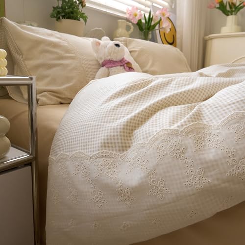 Tan Gingham Comforter Set Queen Princess Lace Style Beige Taupe Plaid Comforter Set Soft Fluffy Grid Farmhouse Gingham Bedding Set Vintage Plaid Checkered Comforter with 2 Pillowcases