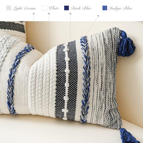 Navy Dark Blue Decorative Throw Pillow Cover 20x20 Square Boho Accent Pillowcase Tassels Farmhouse Cushion for Couch Sofa Bedroom Living Room Home Décor Cover ONLY