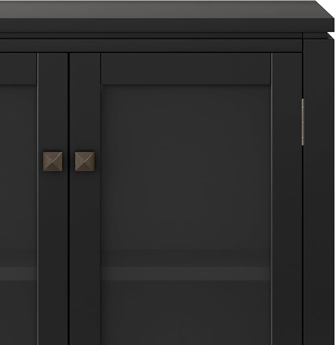 SIMPLIHOME Cosmopolitan Storage Cabinet - 30 inch Wide Solid Wood Low Cabinet in Black, Contemporary Console for Entryway, Living Room, or Dining Room with Glass Doors and Adjustable Shelves
