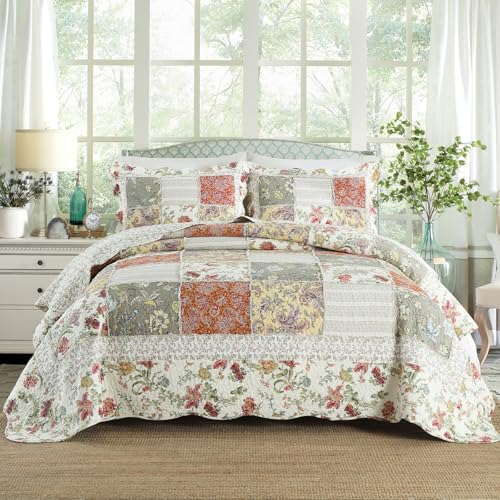 3 Piece Quilt Set King Size Quilted Bedspread Reversible Country Style Floral Real Patchwork Bedding Quilt Set with Ruffles with Pillowcases for All Seasons