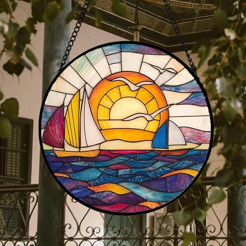 Sunset Sailboat Stained Glass Window Hanging Suncatcher Gifts Decor 15"