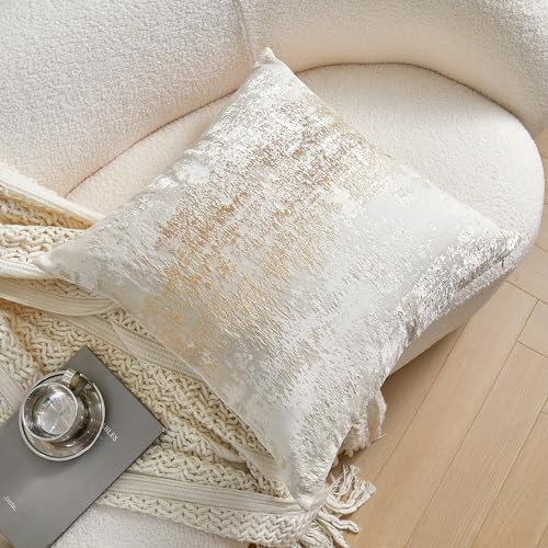 Cream Champagne Metallic Jacquard Throw Pillow Cover 18x18 Velvet Back Modern Glam Sofa Decor