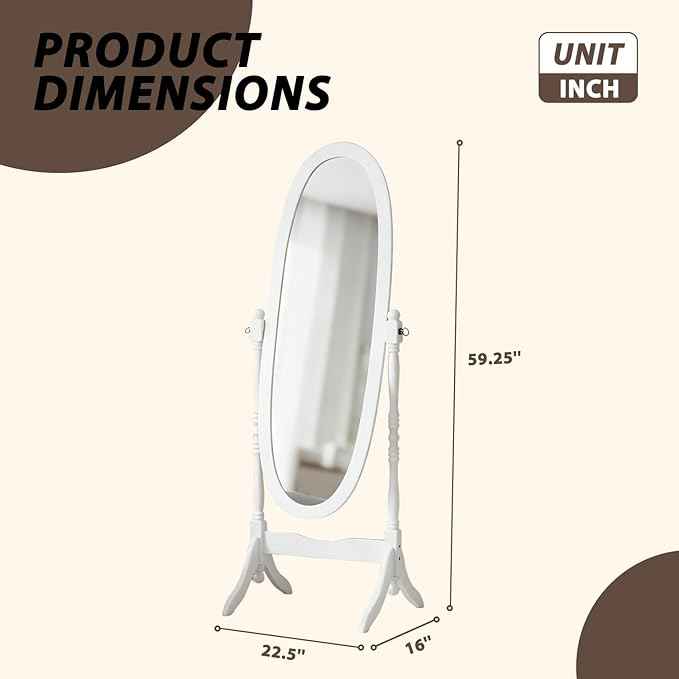 Full Length Mirror with Stand, Vintage Style Wood Floor Cheval Mirror, Traditional Adjustable Free Standing Mirrors Full Length (White)