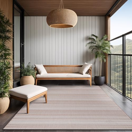 Stripe Outdoor Rug 9x12 Washable Outside Carpet for Indoor Patio Porch Waterproof Easy Cleaning Non Shedding Area Rugs Beige 9 x 12 (108 Sq Ft)