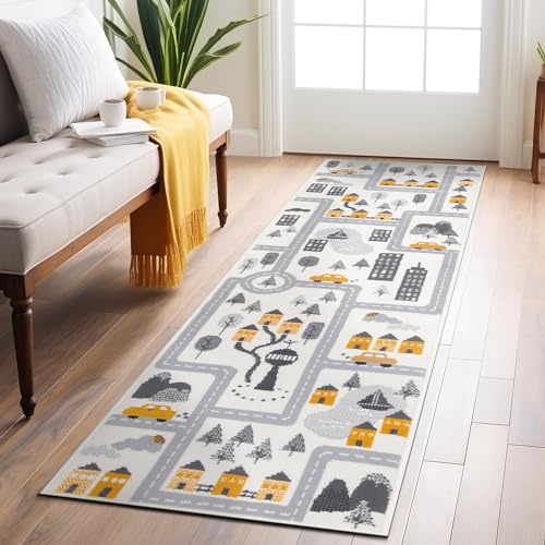Kids Play Road Cityscape Playroom Runner Rug Cream 2' x 7'