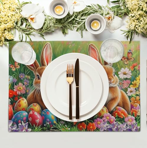 Easter Bunny Placemats Set of 4 Easter Colorful Eggs Floral Linen Fabric Table Mats Spring Farmhouse Seasonal Table Place Mats for Outdoor Indoor Home Party 12x18 Inch (4 Count)