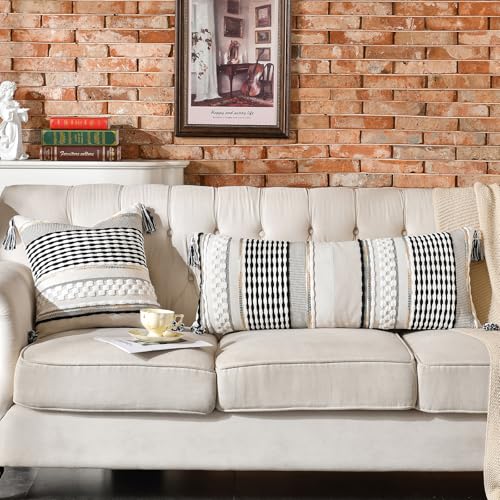 Chenille Striped Textured Boho Throw Pillow Covers Aesthetic with Tassels Woven Decorative Pillow Case for Couch Bed Sofa Bedroom Modern Funky 18 x 18