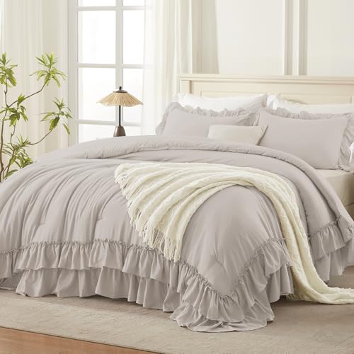 Linen Grey Ruffle Full Size Comforter Set