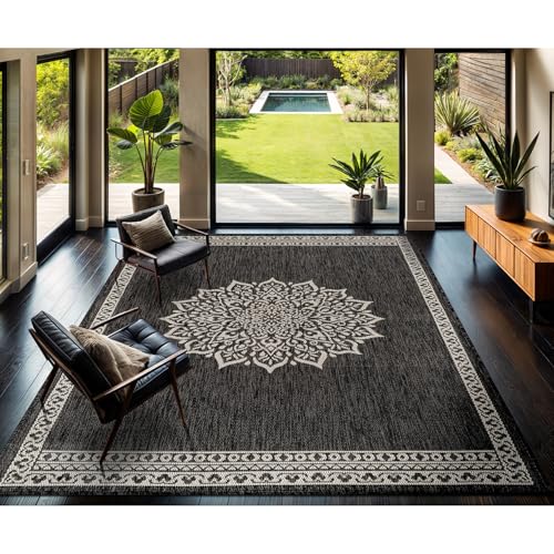 Outdoor Rug 9x12 Medallion Darkgray Modern Large Area Rugs for Indoor and Outdoor Patios Kitchen and Hallway Mats Washable Porch Deck Outside Carpet (108 Sq Ft)